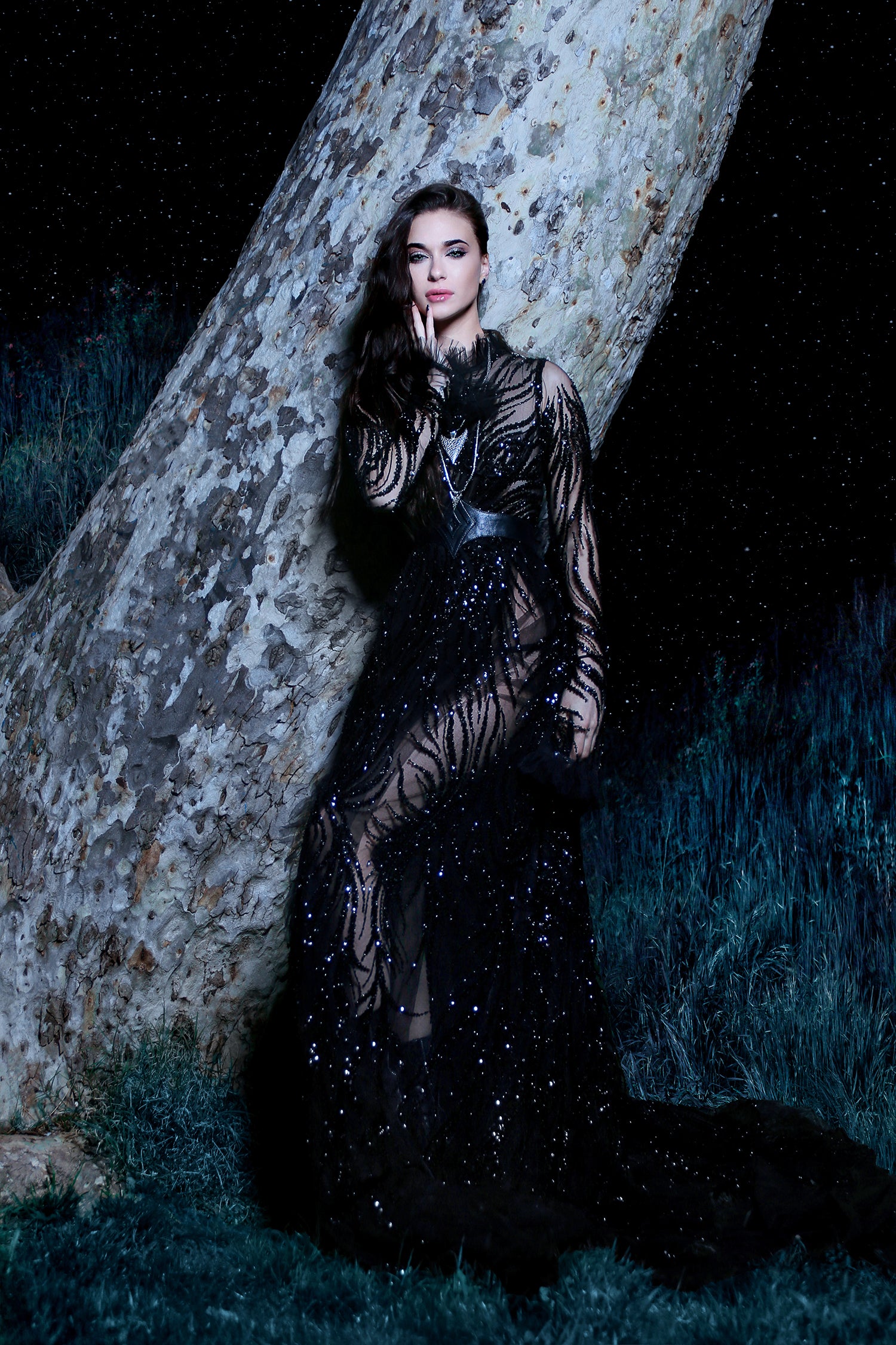 galactic dress Midnight Gown Florals Black Cut:petite Violet cosmic galaxy print Super down light Wash